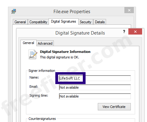 Screenshot of the LifeSoft LLC certificate